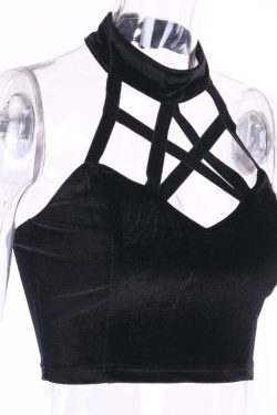 Velvet Buttoned Back Cross-Front Halter Crop Top for Y2K Fashion & Coquette Aesthetic