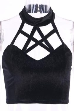 Velvet Buttoned Back Cross-Front Halter Crop Top for Y2K Fashion & Coquette Aesthetic