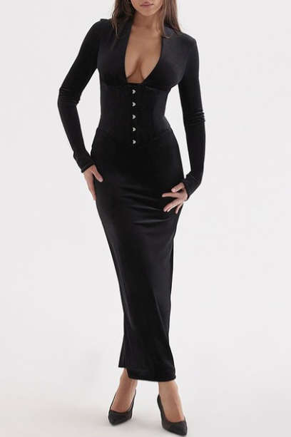 Velvet Deep V-Neck Hooded Maxi Dress with Eye Slit - Y2K Aesthetic Long Sleeve Style