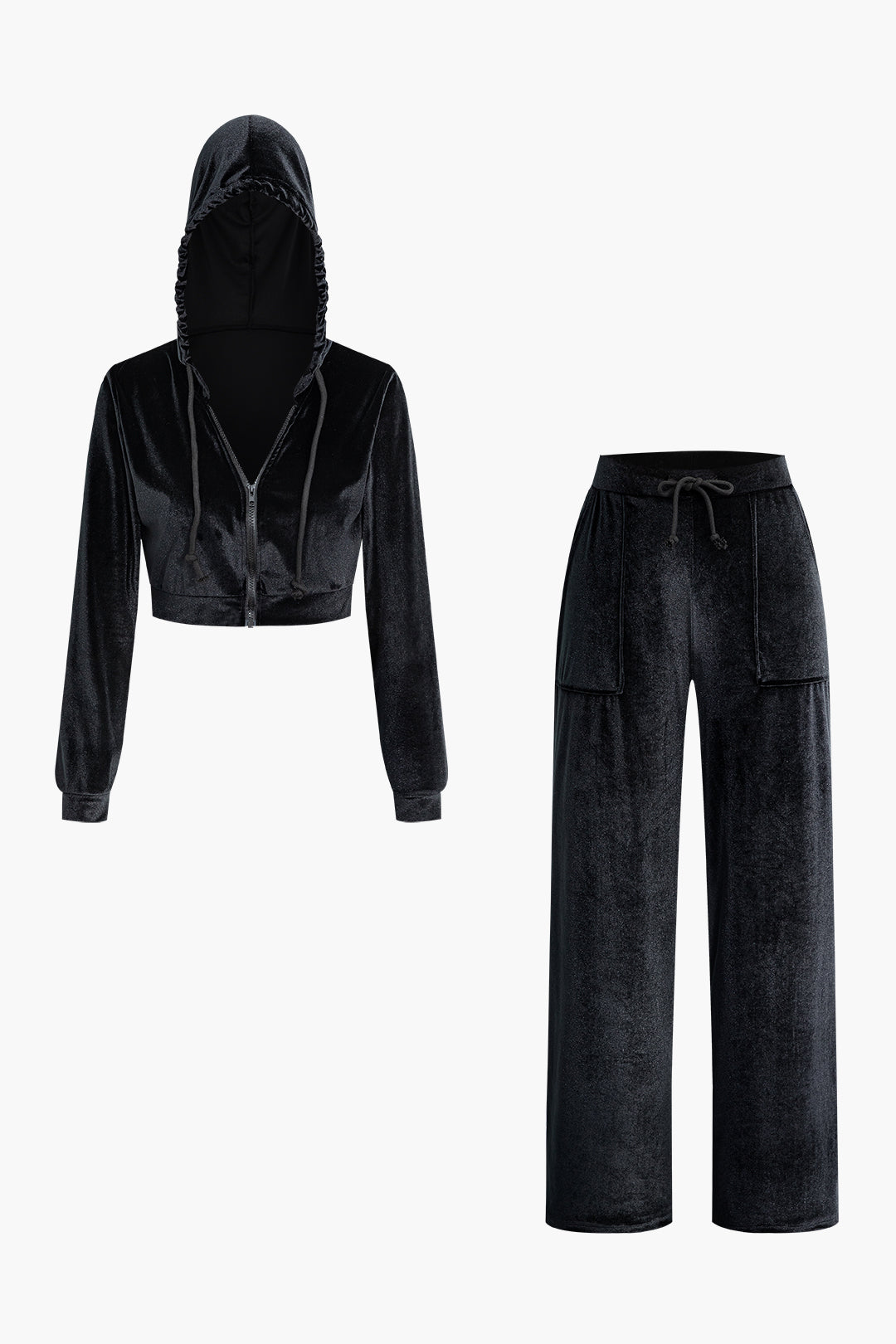 Velvet Drawstring Hooded Crop Top with Zipper and Flap Pocket Straight Leg Pants Set