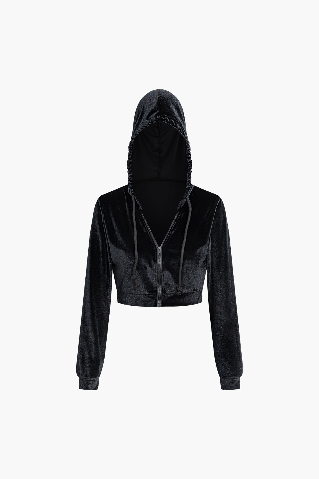 Velvet Drawstring Hooded Crop Top with Zipper and Flap Pocket Straight Leg Pants Set