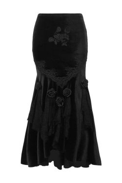 Velvet Embroidered Flower Applique Lace Hem Ruched Maxi Skirt for Y2K Aesthetic Outfits