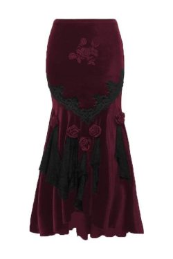 Velvet Embroidered Flower Applique Lace Hem Ruched Maxi Skirt for Y2K Aesthetic Outfits