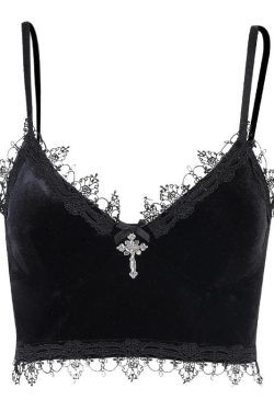 Velvet Eyelash Lace Hem Cross Applique V-Neck Crop Top for Y2K and Coquette Aesthetic