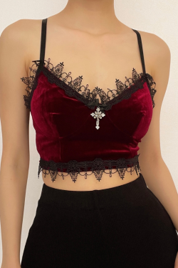 Velvet Eyelash Lace Hem Cross Applique V-Neck Crop Top for Y2K and Coquette Aesthetic