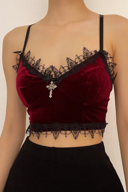 Velvet Eyelash Lace Hem Cross Applique V-Neck Crop Top for Y2K and Coquette Aesthetic