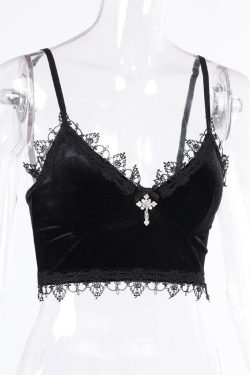 Velvet Eyelash Lace Hem Cross Applique V-Neck Crop Top for Y2K and Coquette Aesthetic