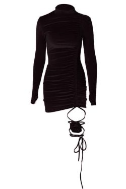 Velvet Flower Applique Drawstring Mini Dress with Long Sleeve Gloves - Y2K Aesthetic Style