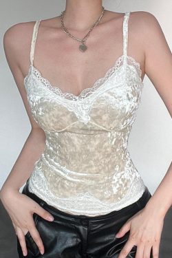 Velvet Lace Hem Backless Cami Top - Y2K Fashion Essential for Coquette Aesthetic Outfits