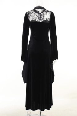 Velvet Lace Patchwork High Neck Midi Dress with Flared Sleeves and Slit - Y2K Aesthetic