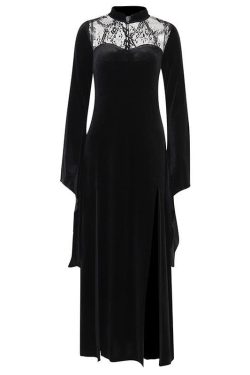 Velvet Lace Patchwork High Neck Midi Dress with Flared Sleeves and Slit - Y2K Aesthetic