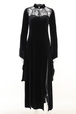 Velvet Lace Patchwork High Neck Midi Dress with Flared Sleeves and Slit - Y2K Aesthetic