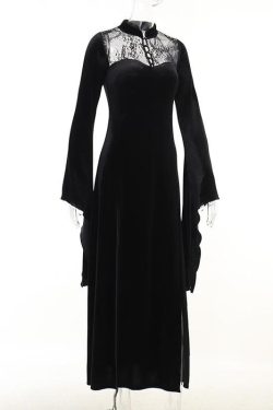 Velvet Lace Patchwork High Neck Midi Dress with Flared Sleeves and Slit - Y2K Aesthetic