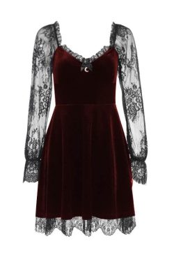 Velvet Lace Patchwork Long Sleeve Mini Dress - Y2K Aesthetic Contrast Style