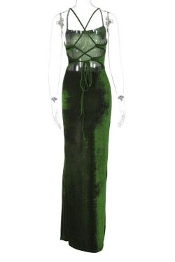 Velvet Lace-Up Solid Slit Cross-Back Sleeveless Midi Dress for Y2K Aesthetic Outfits