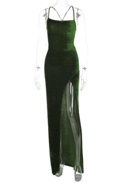 Velvet Lace-Up Solid Slit Cross-Back Sleeveless Midi Dress for Y2K Aesthetic Outfits