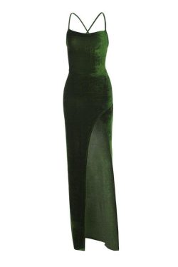 Velvet Lace-Up Solid Slit Cross-Back Sleeveless Midi Dress for Y2K Aesthetic Outfits