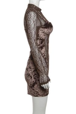 Velvet Patchwork High Neck Long Sleeve Lace Mini Dress for Y2K Coquette Aesthetic