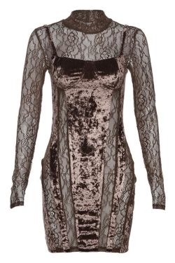 Velvet Patchwork High Neck Long Sleeve Lace Mini Dress for Y2K Coquette Aesthetic