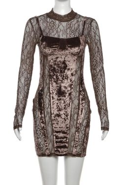 Velvet Patchwork High Neck Long Sleeve Lace Mini Dress for Y2K Coquette Aesthetic