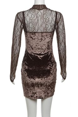 Velvet Patchwork High Neck Long Sleeve Lace Mini Dress for Y2K Coquette Aesthetic