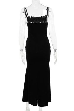 Velvet Ruched Lace Patchwork Backless Cami Midi Dress for Y2K and Coquette Aesthetic