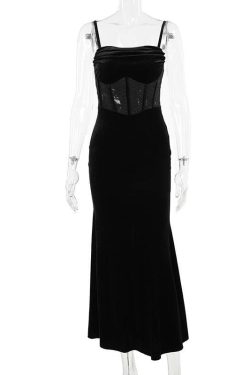 Velvet Ruched Lace Patchwork Backless Cami Midi Dress for Y2K and Coquette Aesthetic