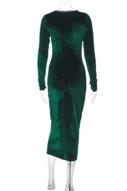 Velvet Ruched Long Sleeve Midi Dress - Chic Y2K Fashion for Effortless Elegance