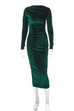 Velvet Ruched Long Sleeve Midi Dress - Chic Y2K Fashion for Effortless Elegance