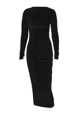 Velvet Ruched Long Sleeve Midi Dress - Chic Y2K Fashion for Effortless Elegance