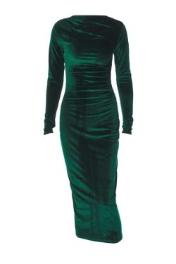 Velvet Ruched Long Sleeve Midi Dress - Chic Y2K Fashion for Effortless Elegance