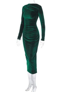 Velvet Ruched Long Sleeve Midi Dress - Chic Y2K Fashion for Effortless Elegance