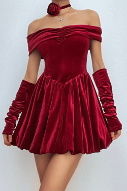 Velvet Ruched Off-Shoulder Long Sleeve Mini Dress - Y2K Aesthetic Party Outfit