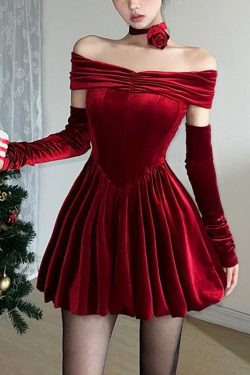 Velvet Ruched Off-Shoulder Long Sleeve Mini Dress - Y2K Aesthetic Party Outfit