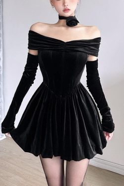 Velvet Ruched Off-Shoulder Long Sleeve Mini Dress - Y2K Aesthetic Party Outfit