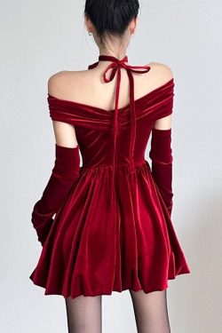 Velvet Ruched Off-Shoulder Long Sleeve Mini Dress - Y2K Aesthetic Party Outfit