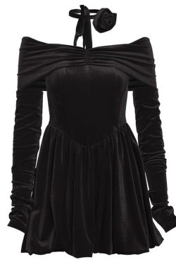 Velvet Ruched Off-Shoulder Long Sleeve Mini Dress - Y2K Aesthetic Party Outfit