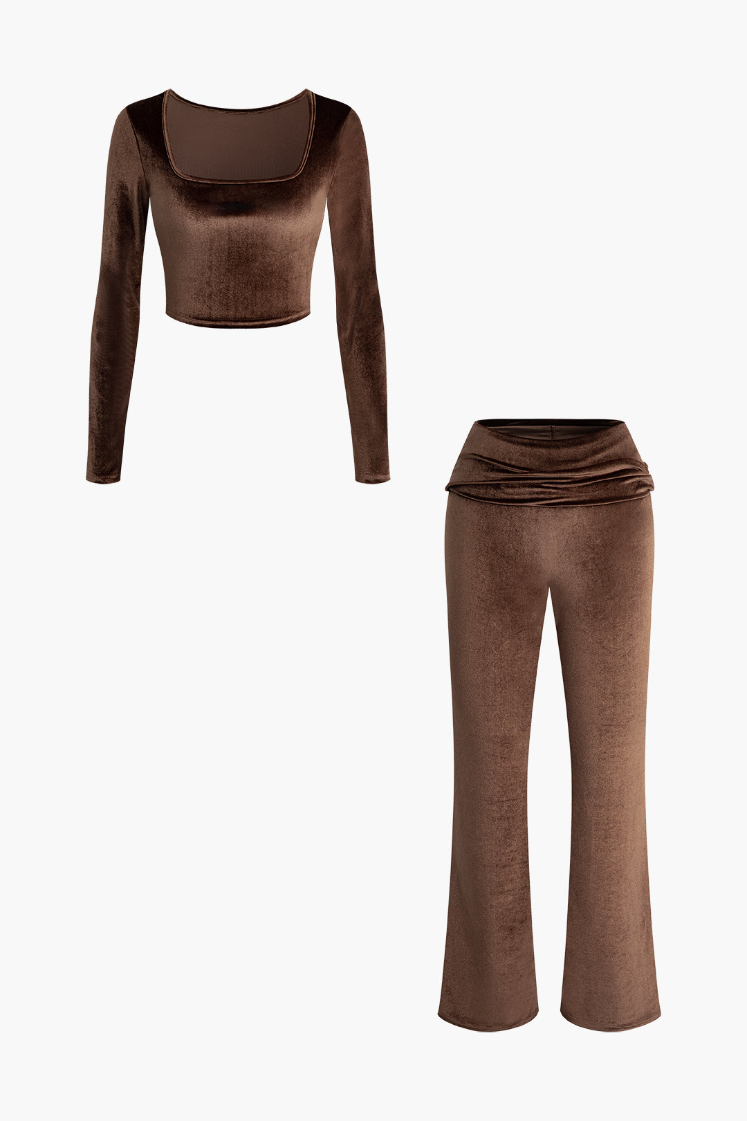 Velvet Square Neck Long Sleeve Top with Ruched Flare Leg Slit Pants Set for Y2K Aesthetic