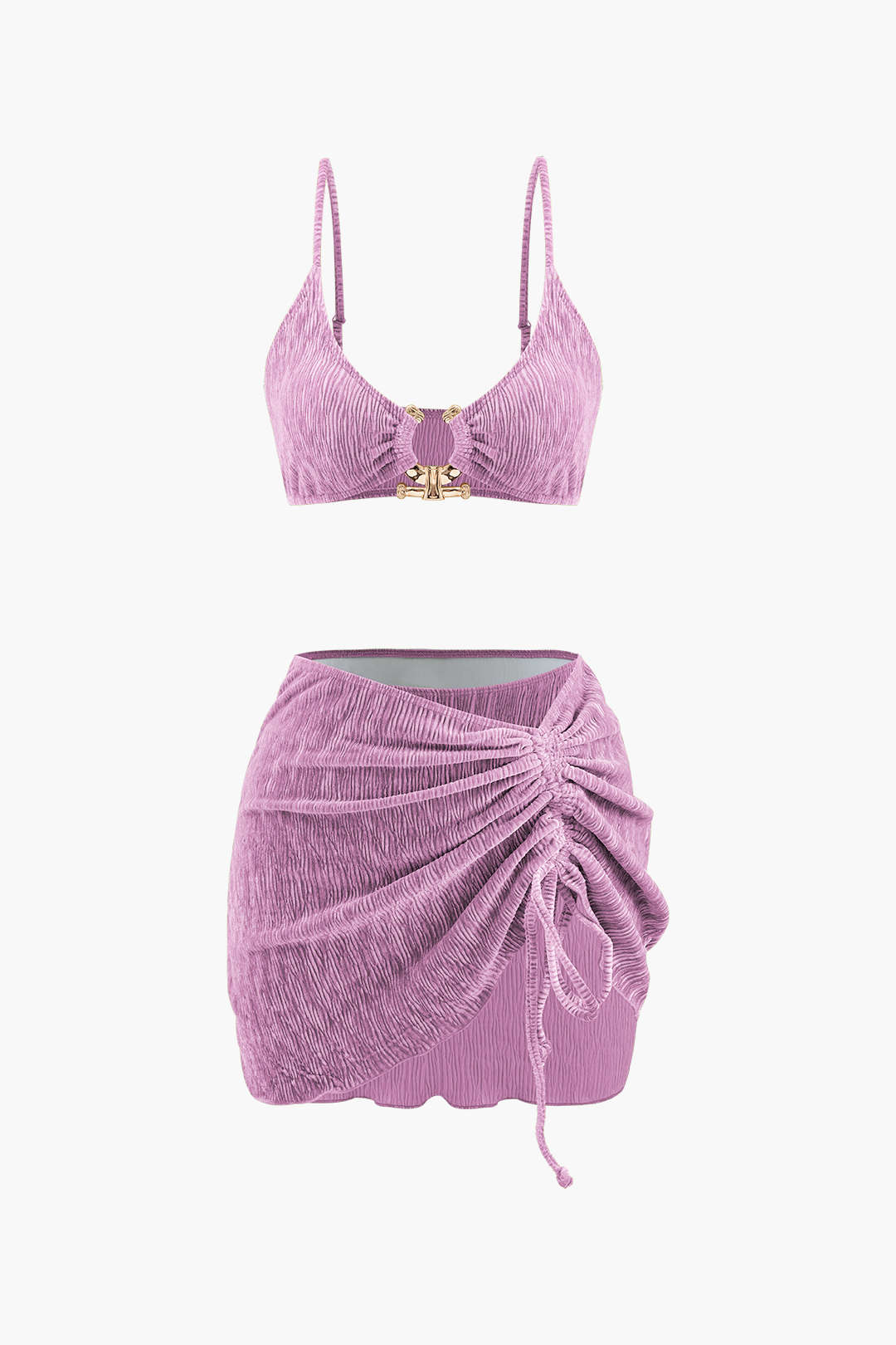 Velvet Textured U-Ring Bikini & Sarong Set - Y2K Aesthetic Swimwear for Trendy Summer Vibes