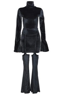 Velvet Turtleneck Solid Long Flared Sleeve Self-Tie Pant Set for Y2K Aesthetic Outfits