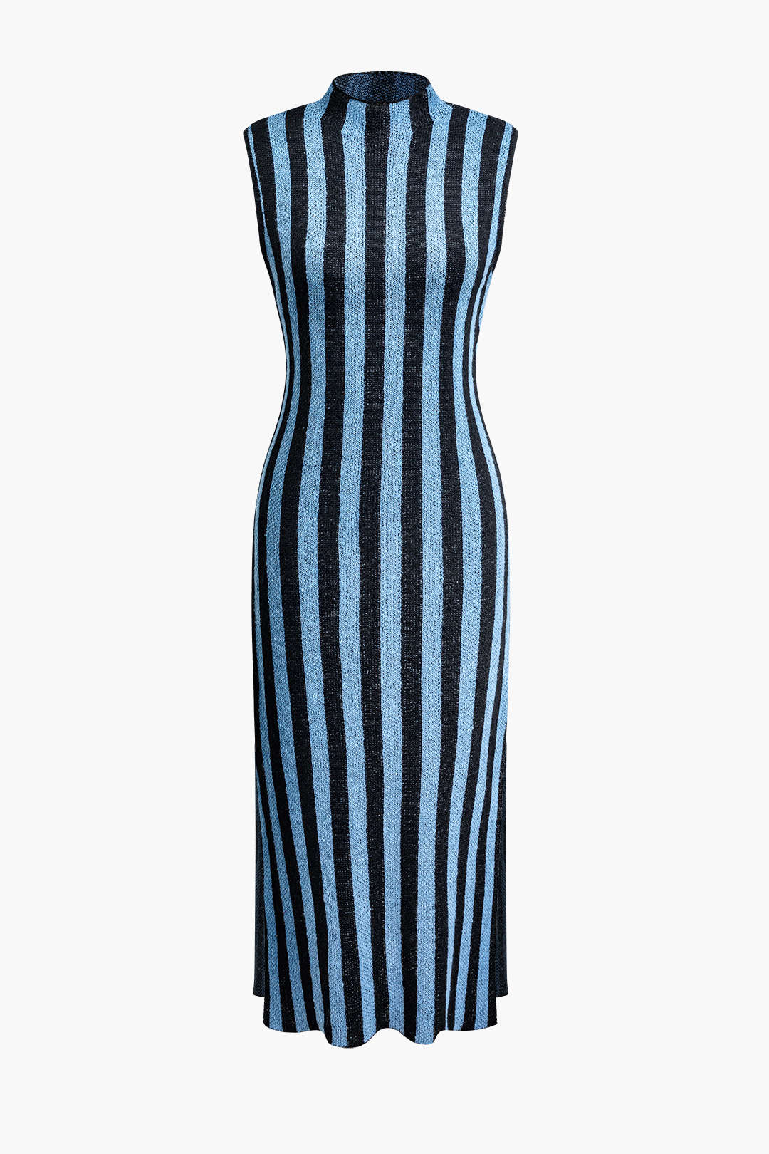 Vertical Stripe Mock Neck Knit Midi Dress with Slit - Y2K Aesthetic Fashion Essential