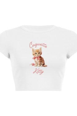 Vintage Coquette Cat Tee - Y2K Aesthetic Cute Top for Coquette Style Lovers