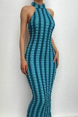 Waffle Halter Backless High Neck Maxi Dress - Y2K Aesthetic Fashion Statement