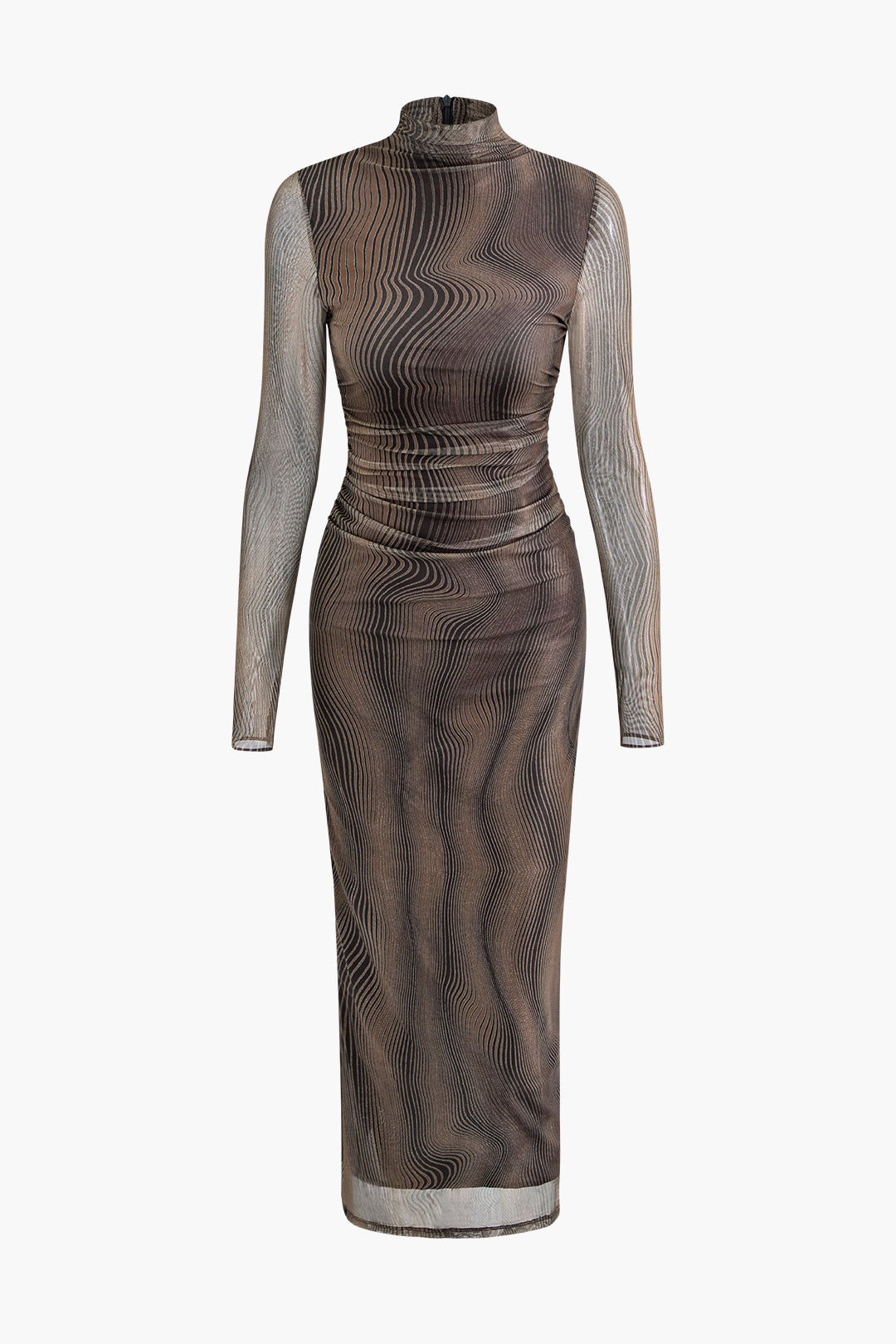 Wave Mock Neck Mesh Long Sleeve Maxi Dress - Y2K Aesthetic Fashion for Effortless Style