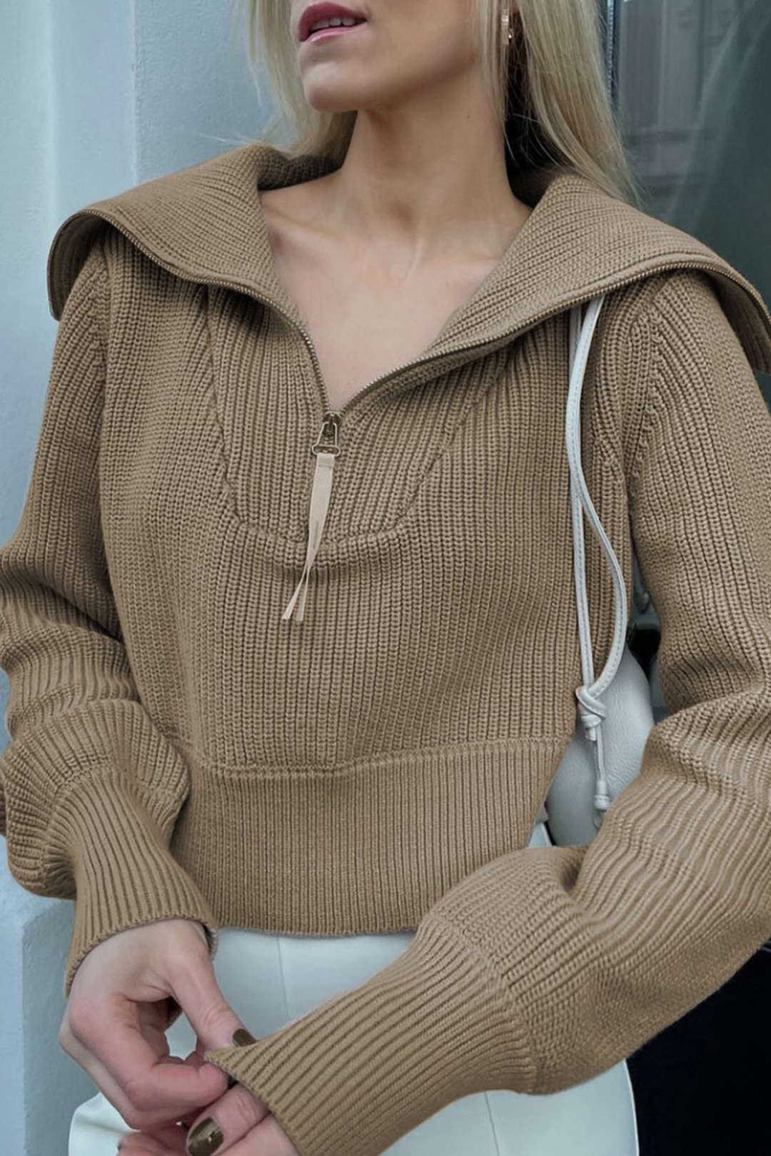 Wide Collar Half Zip Long Sleeve Sweater - Y2K Aesthetic Comfy Top for Cozy Outfits