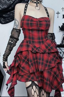 Y2K Aesthetic Backless Mini Dress with Irregular Plaid and Zip-Up Halter Design