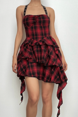 Y2K Aesthetic Backless Mini Dress with Irregular Plaid and Zip-Up Halter Design