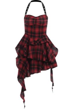 Y2K Aesthetic Backless Mini Dress with Irregular Plaid and Zip-Up Halter Design