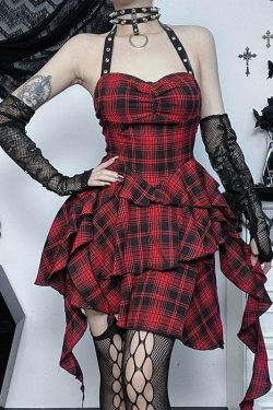 Y2K Aesthetic Backless Mini Dress with Irregular Plaid and Zip-Up Halter Design