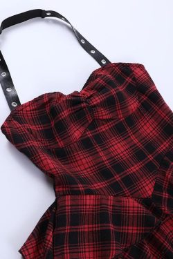 Y2K Aesthetic Backless Mini Dress with Irregular Plaid and Zip-Up Halter Design